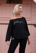 Load image into Gallery viewer, just be you self love oversized black organic cotton off the shoulder women&#39;s sweater 