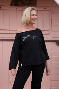 just be you self love oversized black organic cotton off the shoulder women's sweater 