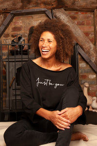 just be you self love oversized black organic cotton off the shoulder women's sweater 