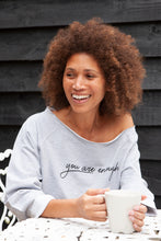 Load image into Gallery viewer, you are enough grey off the shoulder oversized organic cotton sweater 